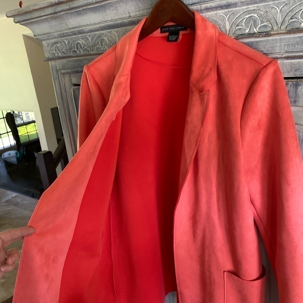 Joan VASS Shawl Collar Open Front Faux Leather Mid Jacket - Picture 4 of 9